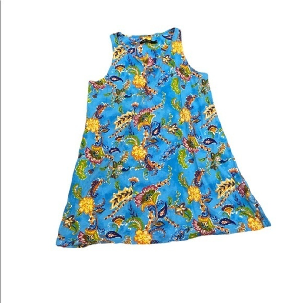 RALPH LAUREN Women's Blue Floral Tropical Print Cotton Dress Size Large‎